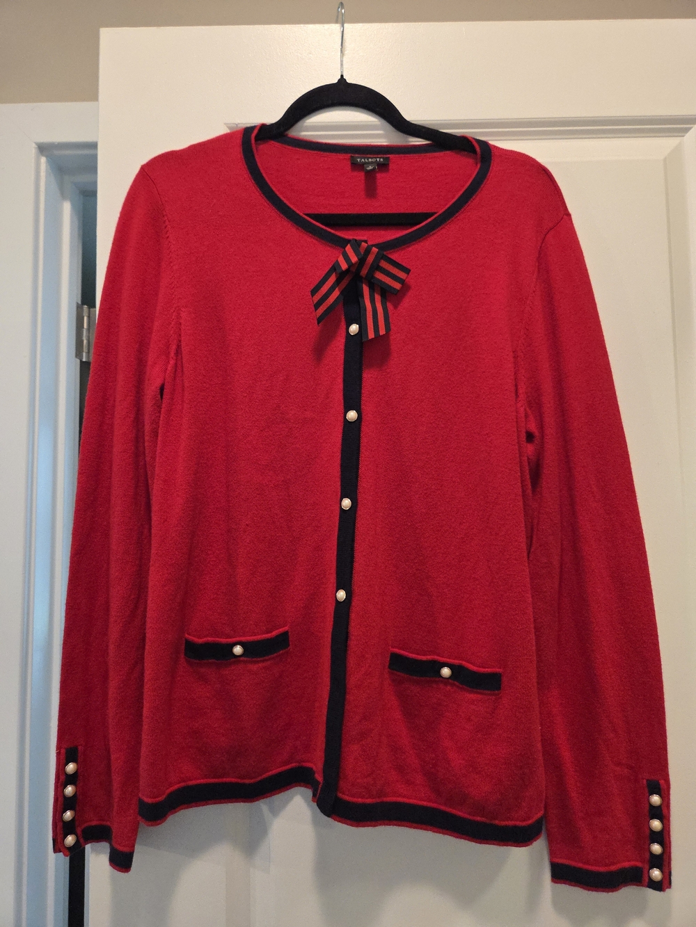 Talbots Red & Navy Pearl Button Bow Cardigan Size Large